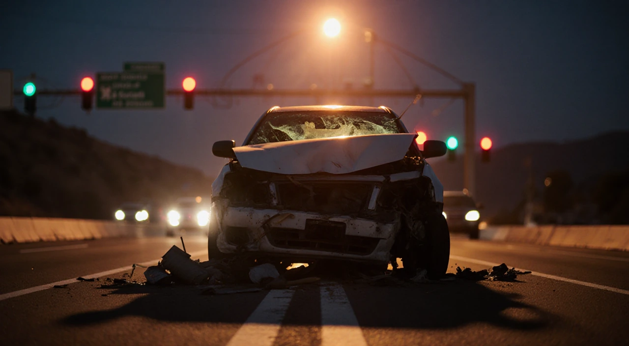 Crashed car on westbound 210 Freeway with police light casting orange glow and twisted metal debris at dusk