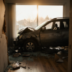 SUV bumper lies on suburban living room floor with twisted metal debris and soft sunrise light through shattered window