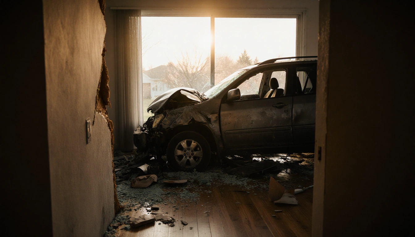 SUV bumper lies on suburban living room floor with twisted metal debris and soft sunrise light through shattered window