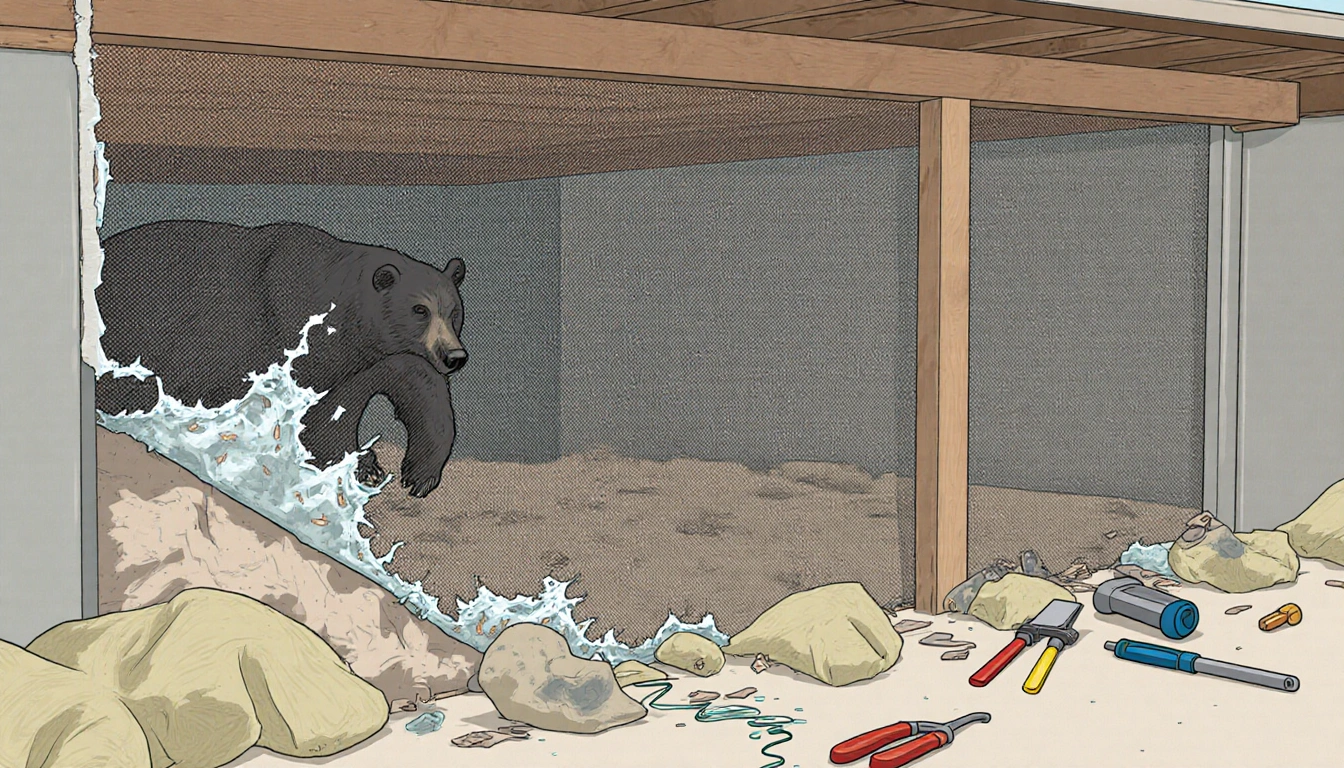 Torn crawlspace screen showing damage with torn wires and tools.