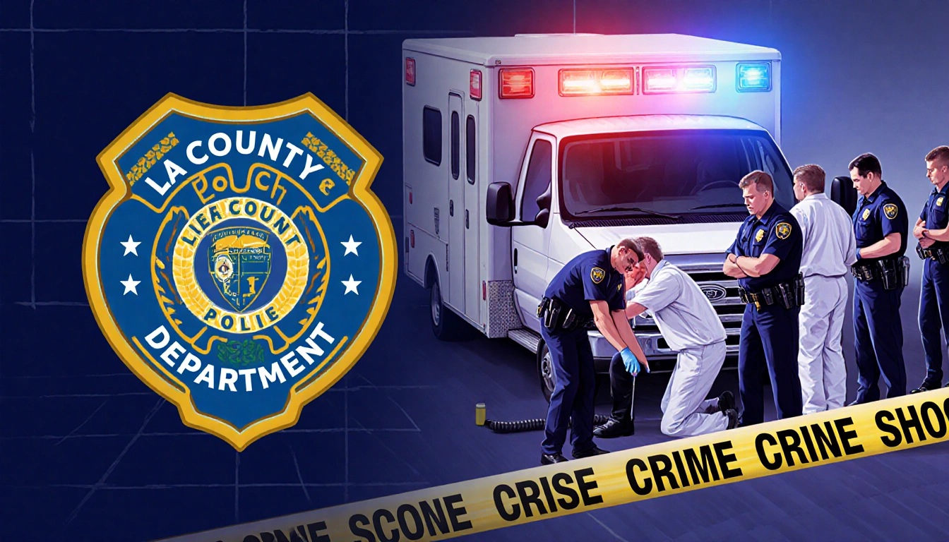 Injured police officer receives treatment from medical staff with forensic team gathering and LAPD tape and ambulance lights 