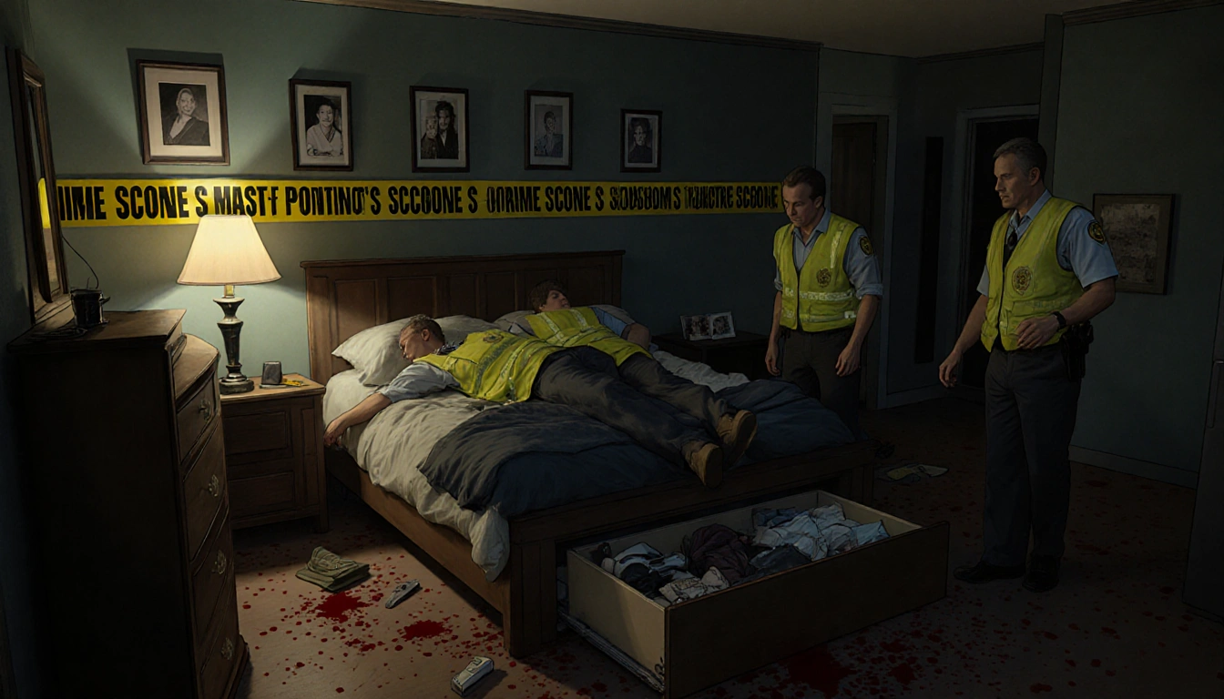 Police investigators inspecting lifeless bodies on a bed with crime scene tape and dim family photos