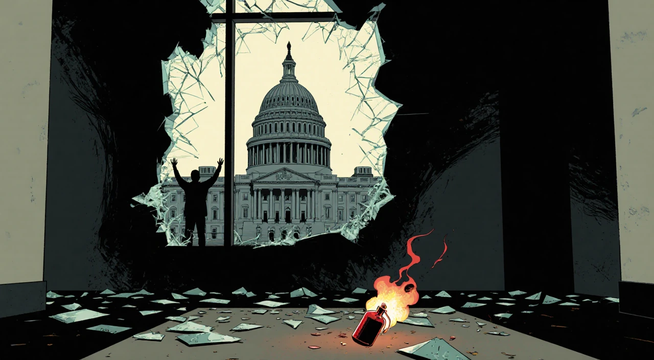 Silhouette raising arms with shattered window glass and abandoned Molotov cocktail near LA federal building.