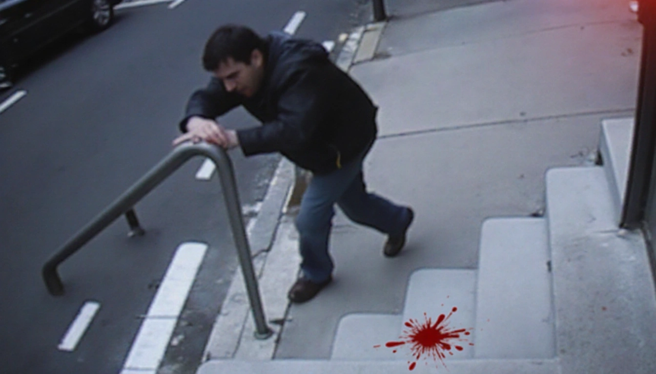 Criollo stumbling down the sidewalk, leaning on the staircase railing with a splatter of blood near his hand