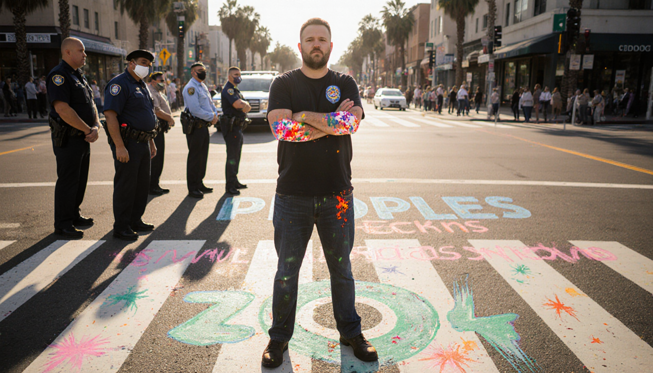 Jonathan Hale stands with arms crossed on the crosswalk painting at Kelton with Vision Zero logo on pavement.