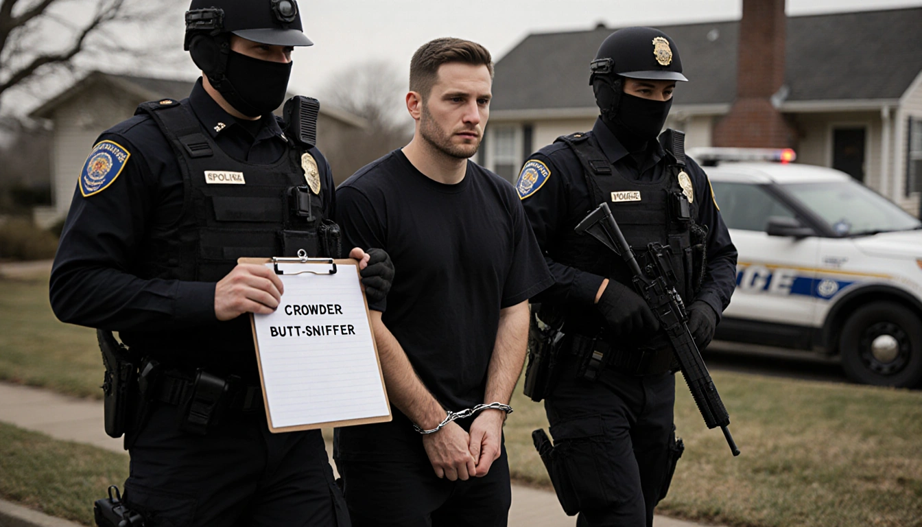 Crowder in handcuffs being led away with officers in tactical gear and clipboard labeled butt-sniffer near a police car.
