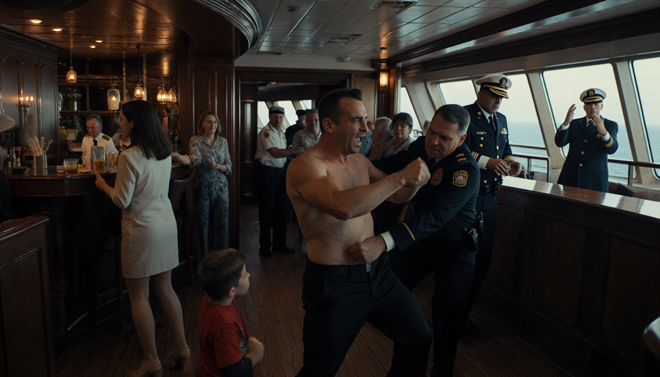 Virgil struggles in dimly lit hallway with security restraining him and captain observing from balcony