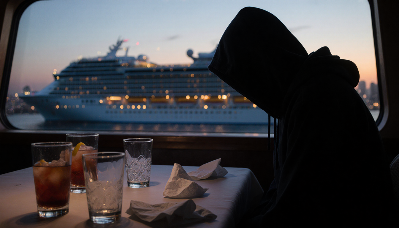 Seated figure in dimly lit cruise ship table with overturned drinks and scattered napkins while a blurred ship appears throug