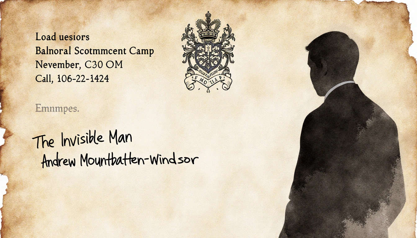 Andrew Mountbatten-Windsor standing with a long shadow beside a cryptic parchment email and Balmoral Summer Camp crest