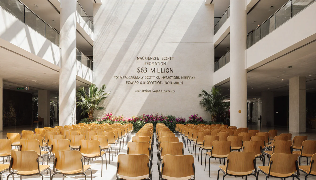 Rows of golden wooden chairs sit in a sunlit atrium with modernist architecture and a donation plaque.