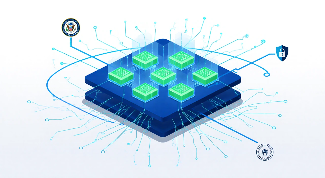 Blue lines weave layers around green rectangles with subtle digital waves radiating outward in a cybersecurity network.