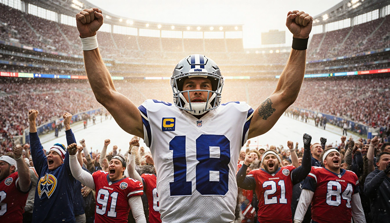 Dak Prescott celebrating a victory with his arms raised and Dallas Cowboys fans in red and blue jerseys around him