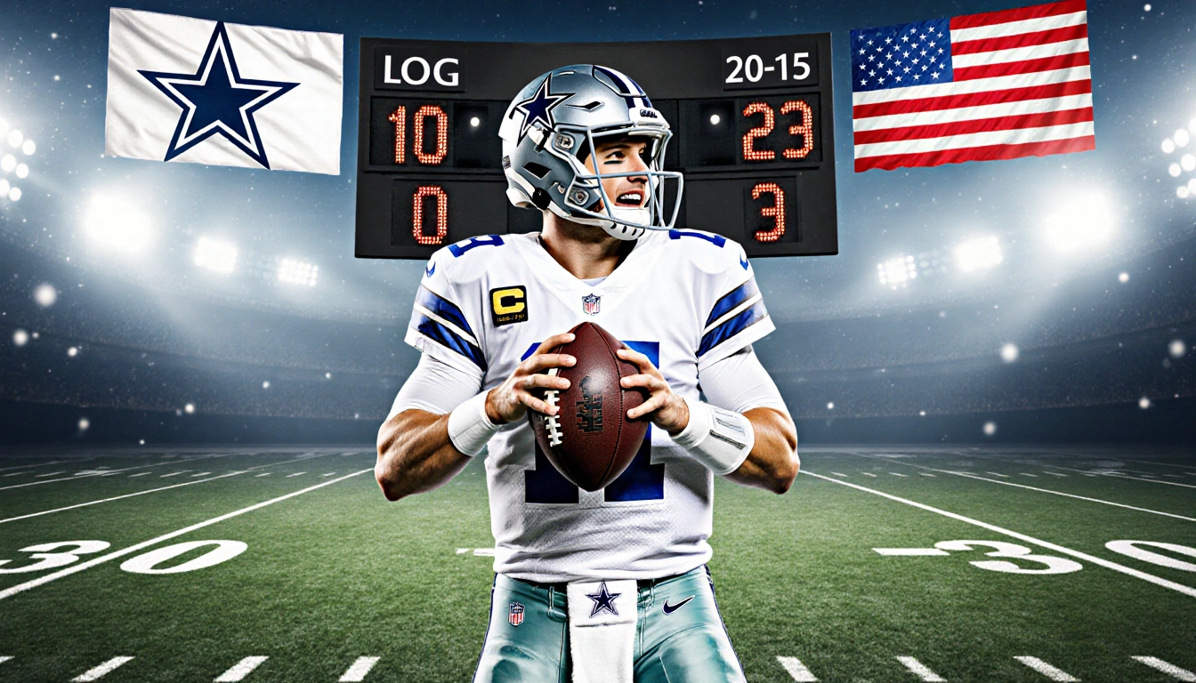 Dak Prescott celebrating a touchdown throw while holding a football with a scoreboard reading 30-23.