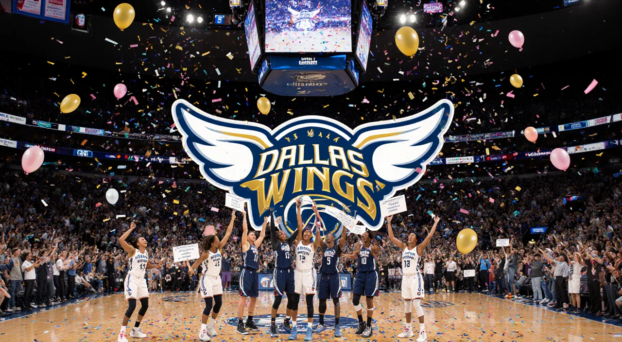 Dallas Wings players celebrate with confetti while fans hold signs and a screen shows the team logo