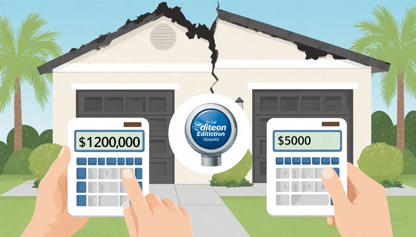 Illustrated damaged house showing two calculators with $1.2M and $0.6M values and a utility meter symbol.
