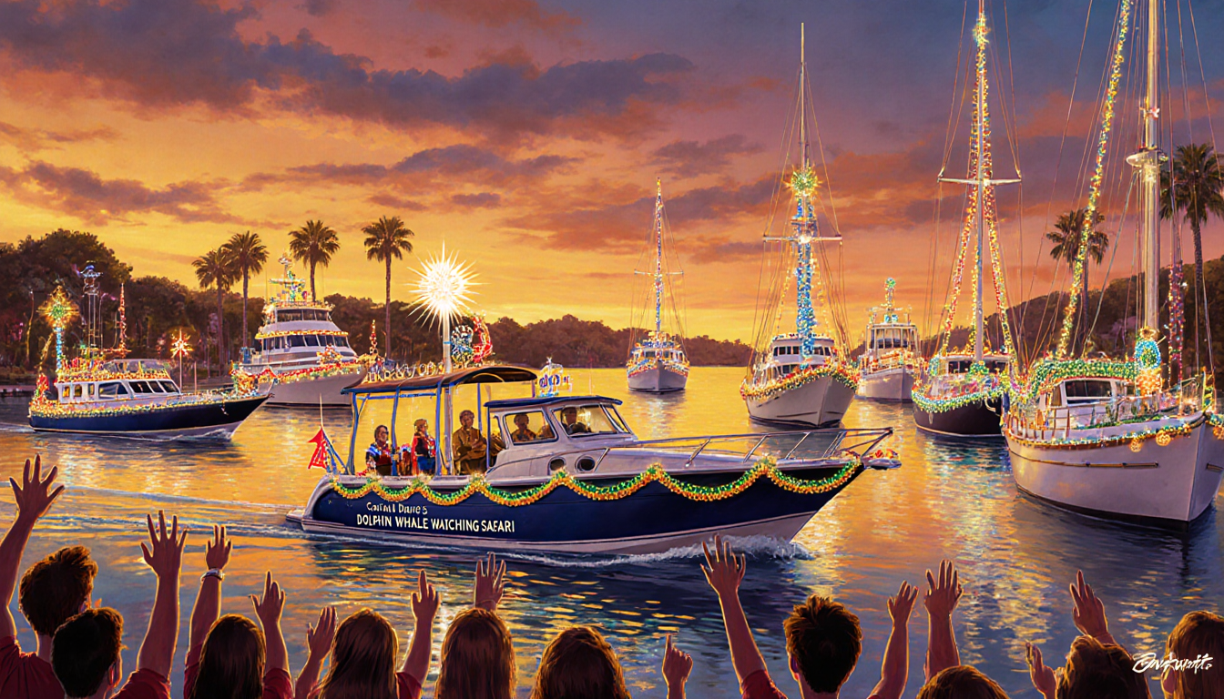 Captain Dave's boat glimmers with lights in Parade of Lights at Dana Point harbor at sunset.