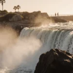 Waterfall cascades over rugged rock with misty veil and Harbor Drive sunset glow while distant people watch in awe