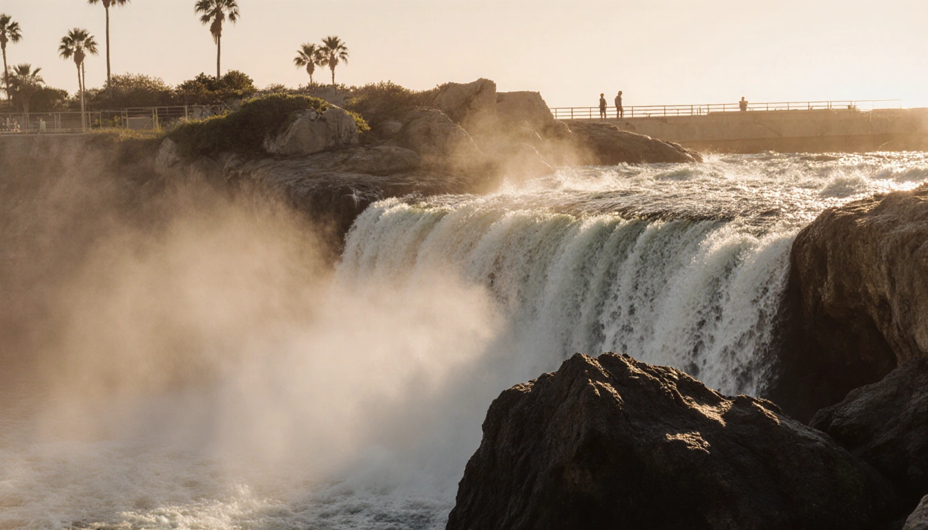 Waterfall cascades over rugged rock with misty veil and Harbor Drive sunset glow while distant people watch in awe