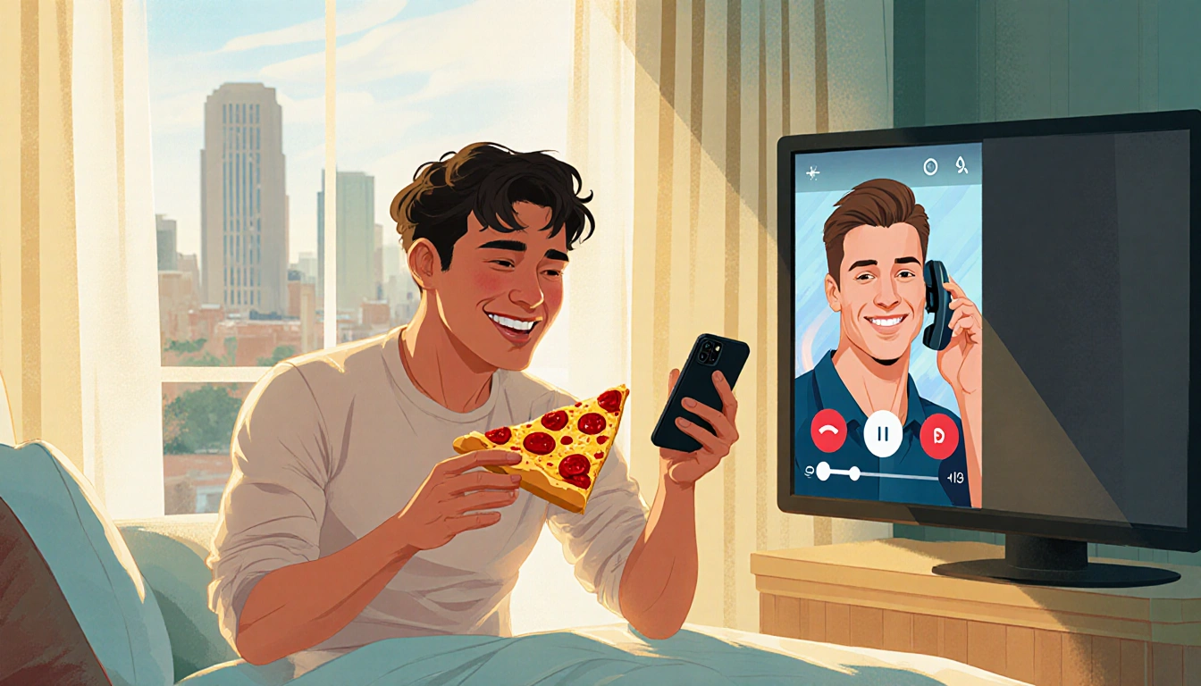 Daniel Curtis Lee smiles at his FaceTime call while holding a slice of pizza in a hotel room with a cityscape outside.