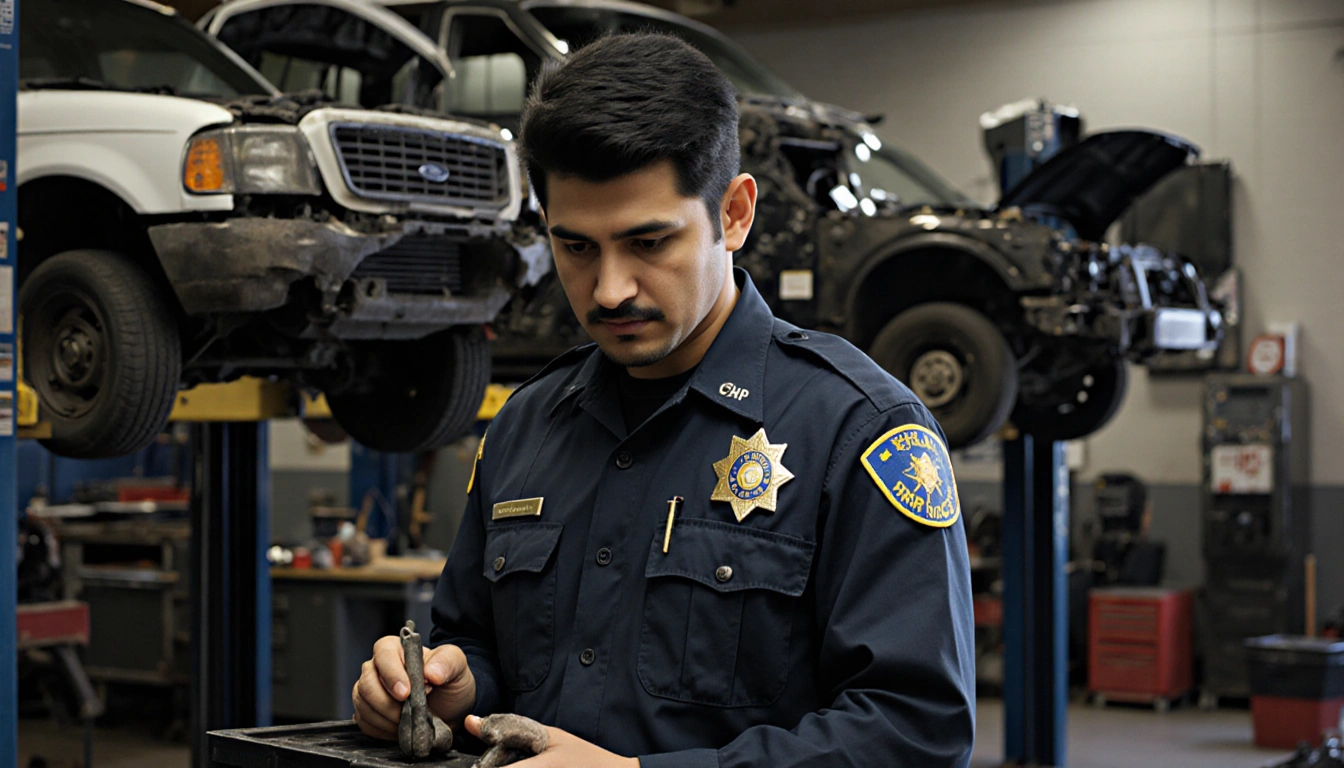 Chau inspects a car part with a toolbox on a workbench and police cars dismantled nearby showing auto technician and deceit