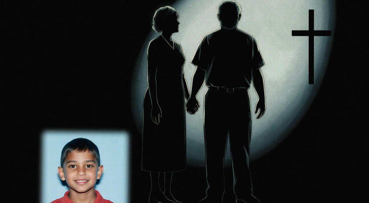 Darryl and Shelley Martin religious leaders holding hands with a cross and a faint silhouette of a boy in a dim background.