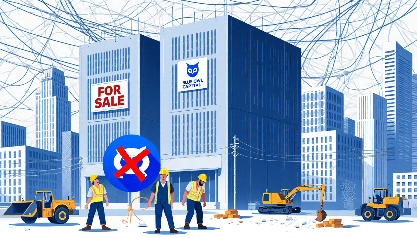 Workers standing anxiously outside a data center with a for sale sign and a Blue Owl Capital logo with a red X