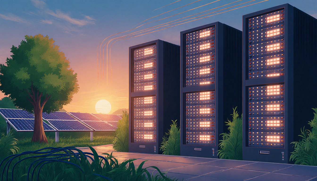 Data center racks hum with blinking lights and near lush trees outside showing sustainable AI tech