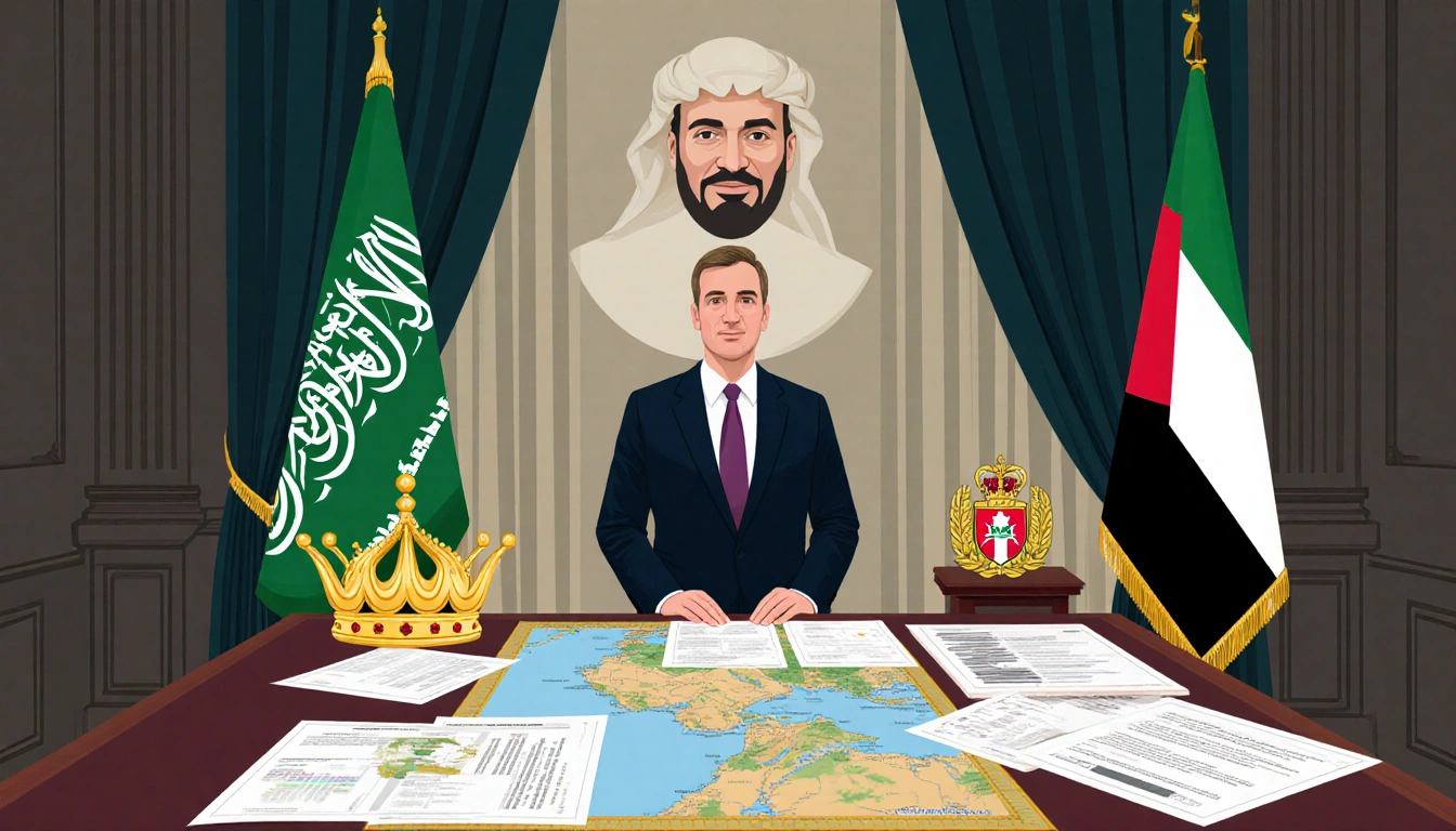 Paramount CEO David Ellison stands behind office desk with maps and charts flanked by a Saudi crown and Qatar flag with a sub