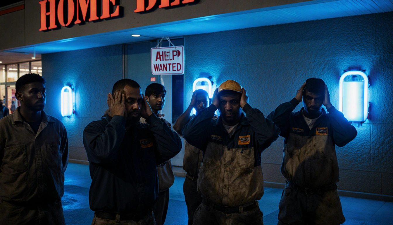Day laborers standing around a Home Depot storefront with blue glow noise machines and a subtle help wanted sign.
