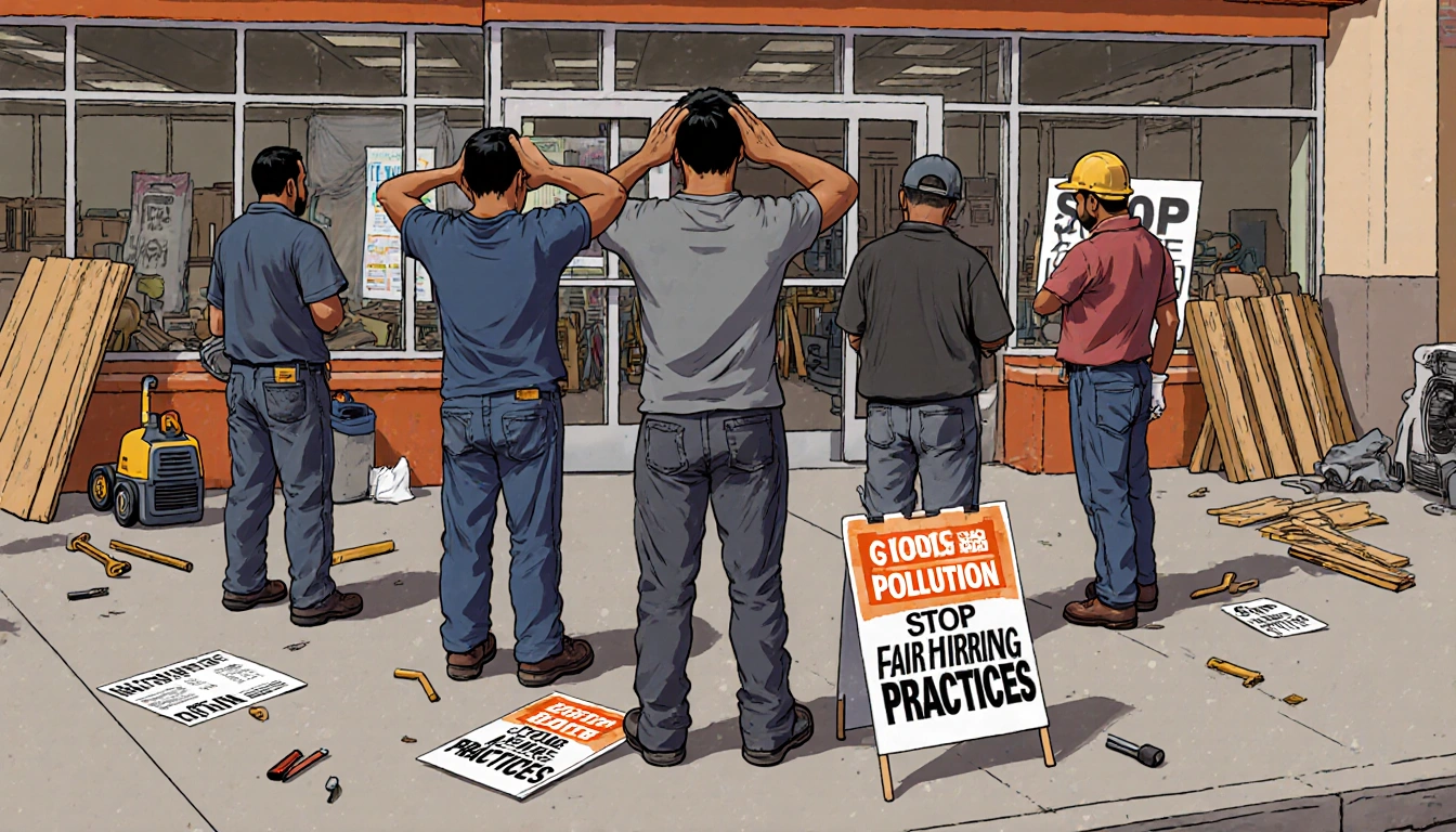 Day laborers holding heads near Cypress Park Home Depot with protest signs about noise pollution on the sidewalk and tools.