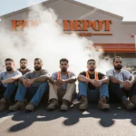 Laborers protesting with clasped hands in front of Home Depot with noise machine mist