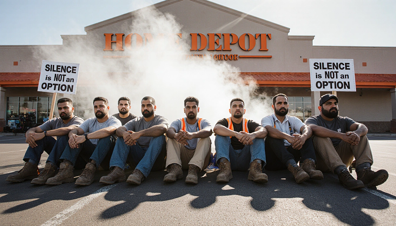 Laborers protesting with clasped hands in front of Home Depot with noise machine mist