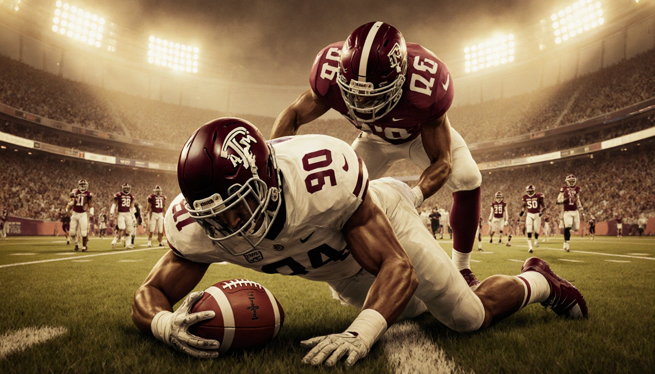 Daymion Sanford recovers fumbled football with Malachi Toney behind him looking distressed amid game-winning stadium lights.