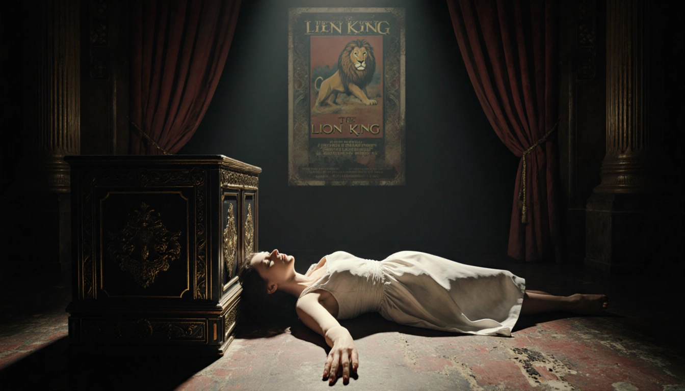 Woman lies on Broadway theater floor with spotlight on her face and hand on box railing and Lion King posters.
