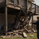 Homeowner standing in shock with collapsed railing on a second‑story deck and scattered wooden planks below