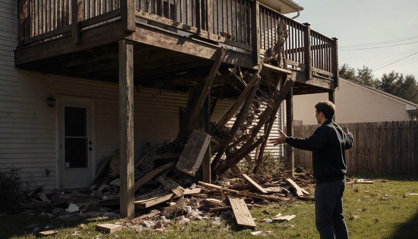Homeowner standing in shock with collapsed railing on a second‑story deck and scattered wooden planks below