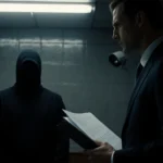 Defense attorney holds court documents with flickering light and tense courtroom backdrop