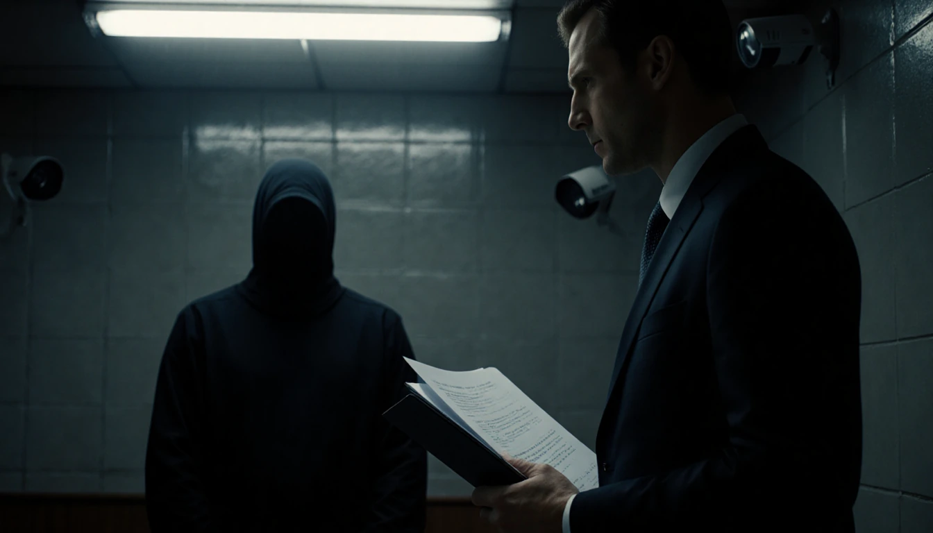 Defense attorney holds court documents with flickering light and tense courtroom backdrop