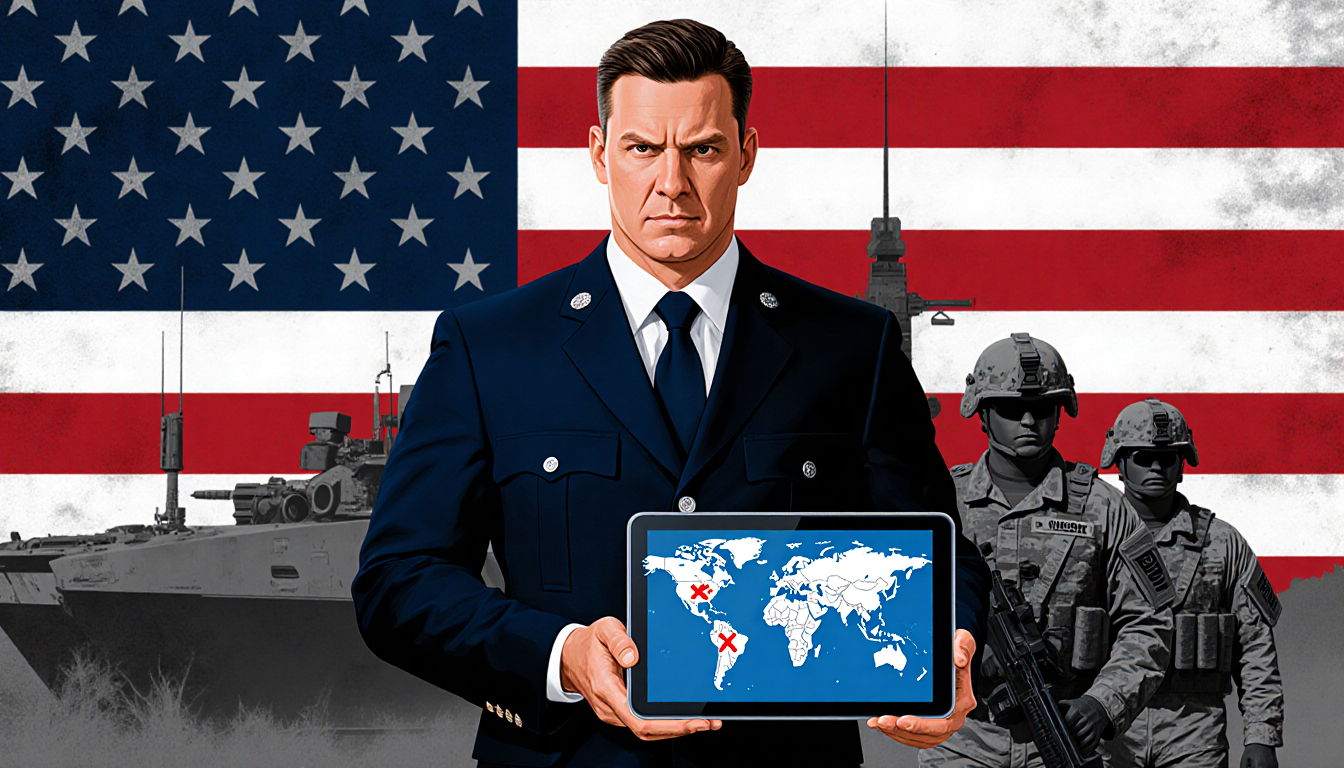 Defense Secretary Pete Hegseth standing sternly holding tablet showing world map with red X over Syria on flag backdrop.