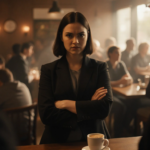 Woman defiant stance in crowded restaurant with coffee cup and counter under dim warm light