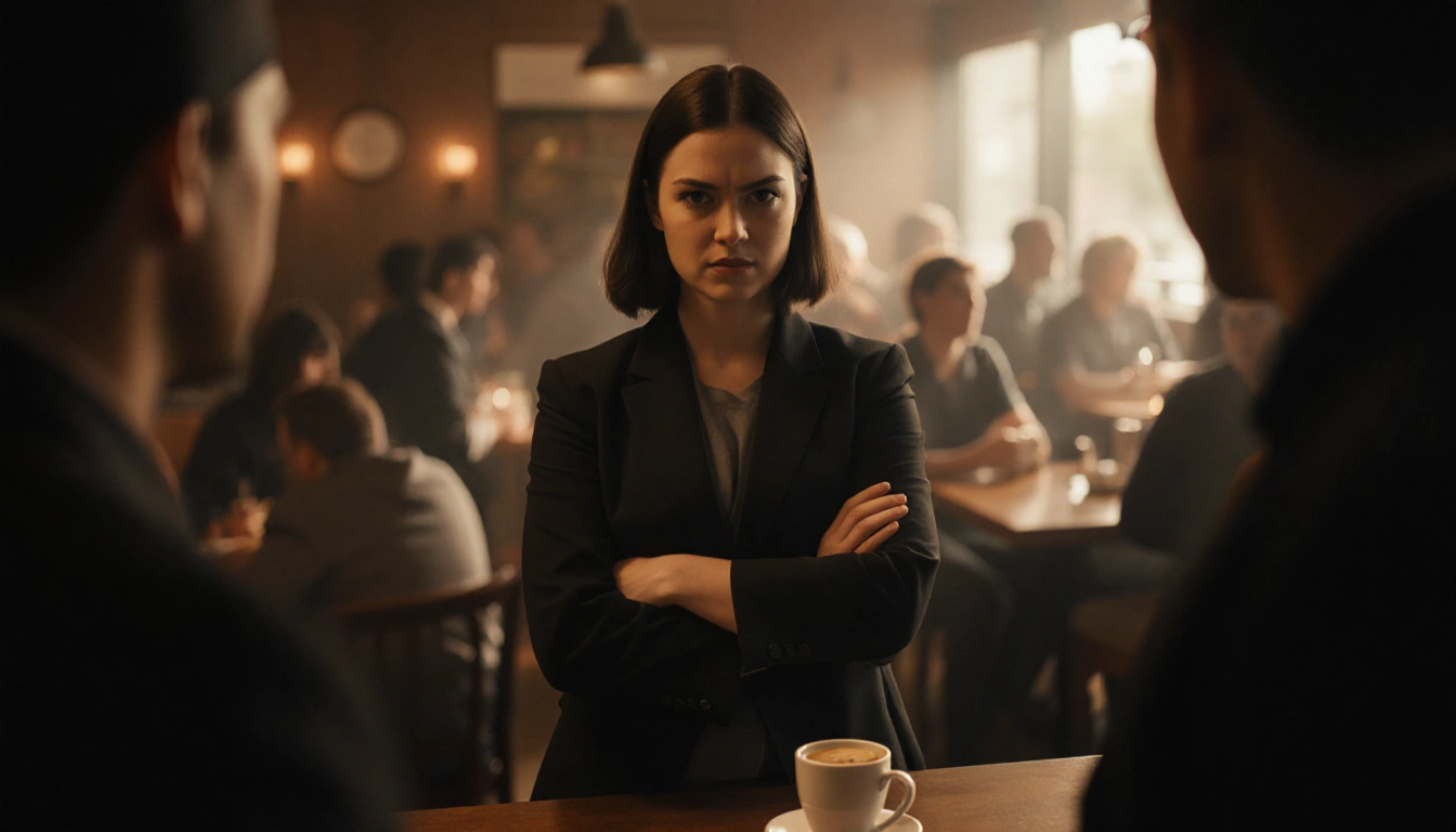 Woman defiant stance in crowded restaurant with coffee cup and counter under dim warm light