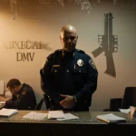 Delaware State Police trooper standing behind the reception desk in a DMV office with shattered glass and a fallen body