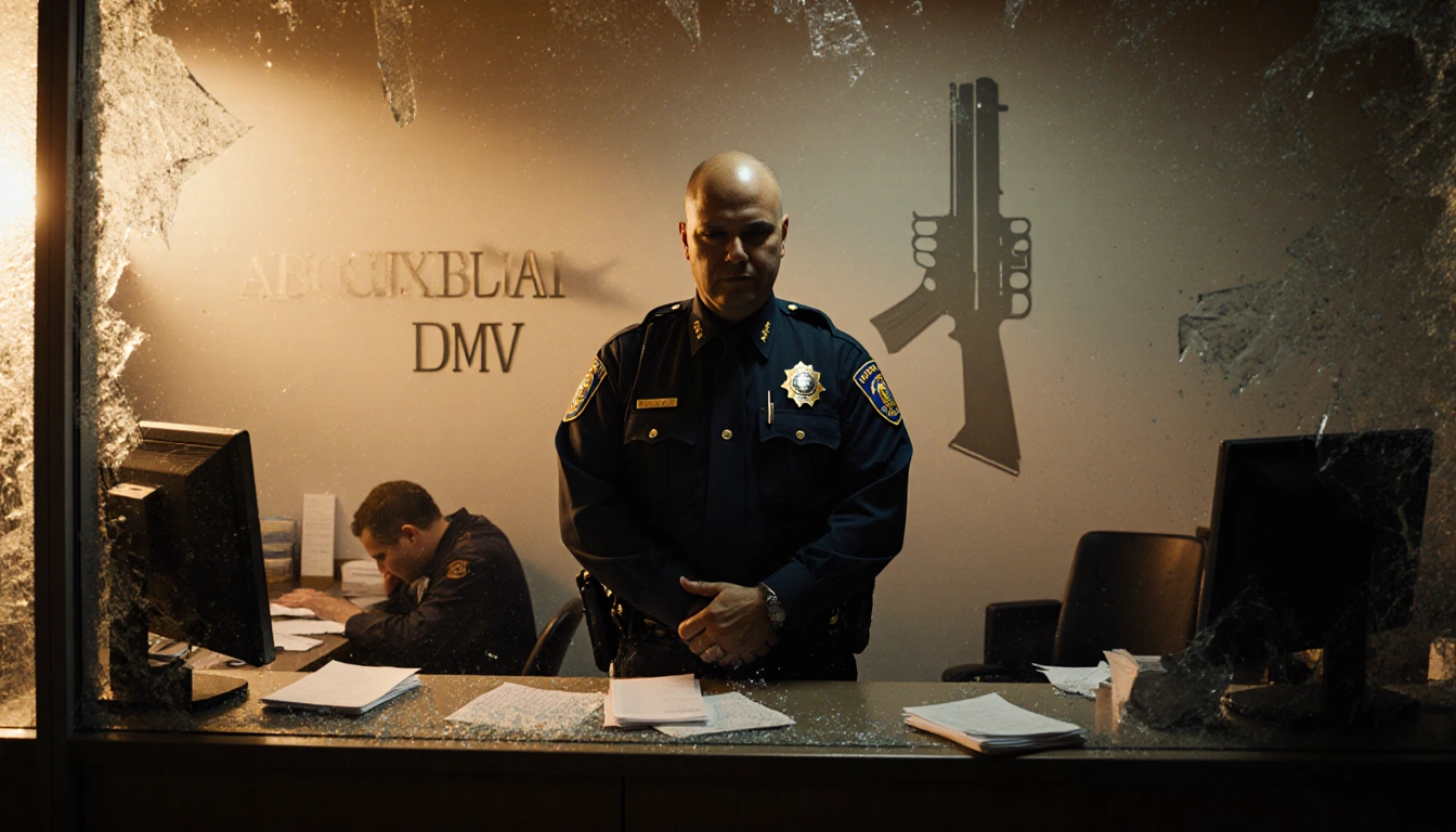 Delaware State Police trooper standing behind the reception desk in a DMV office with shattered glass and a fallen body