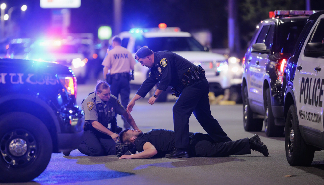 New Castle police officer confronting gunman with dead body near Delaware DMV and injured trooper and woman receiving aid.