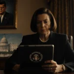 Congresswoman sits at wooden desk holding tablet with JFK Center logo and faded portrait of JFK in golden light background