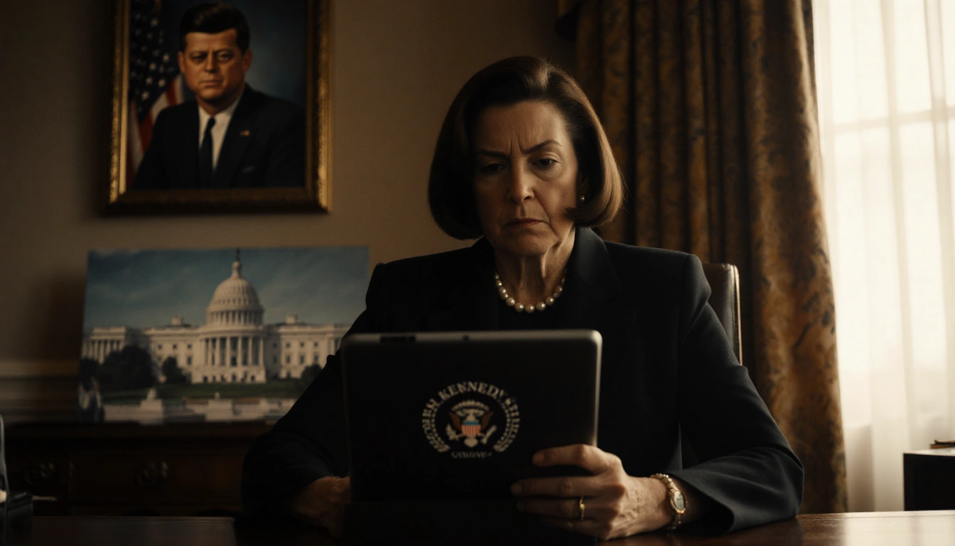 Congresswoman sits at wooden desk holding tablet with JFK Center logo and faded portrait of JFK in golden light background