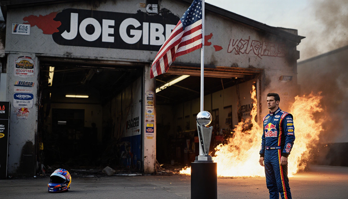 Denny Hamlin standing with his helmet on the ground and a NASCAR trophy amid flames at Joe Gibbs Racing garage