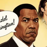 Denzel Washington laughing while saying a wrong name with a speech bubble under golden lighting celebrity faces hover behind.