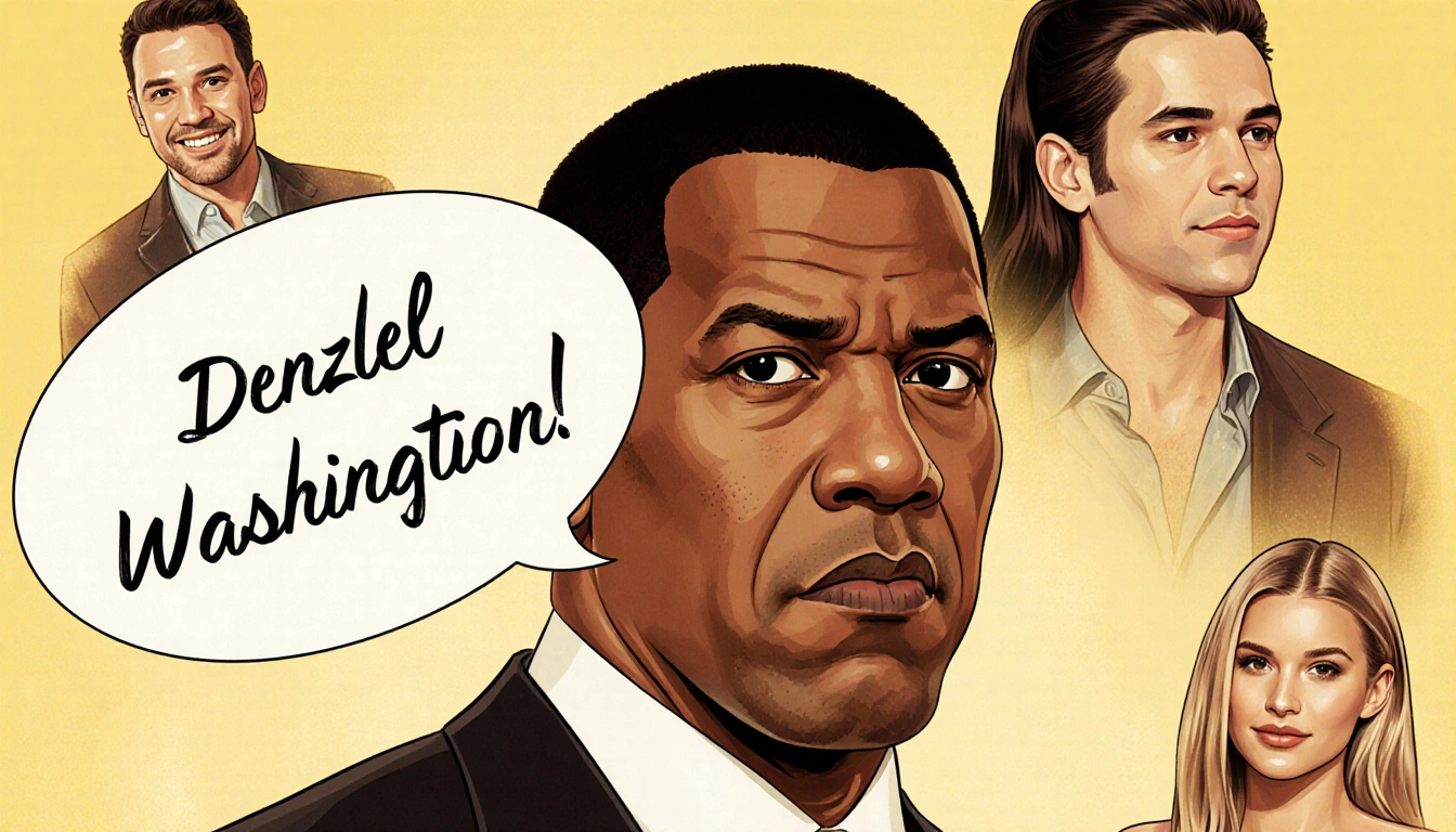 Denzel Washington laughing while saying a wrong name with a speech bubble under golden lighting celebrity faces hover behind.