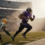 Derrick Henry rushing through a defender toward the end zone with golden hour glow and blurred stadium background.